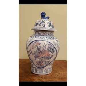 Vintage Blue and White Ginger Jar, Foo Dog, Flowers, and Birds and Pink Design